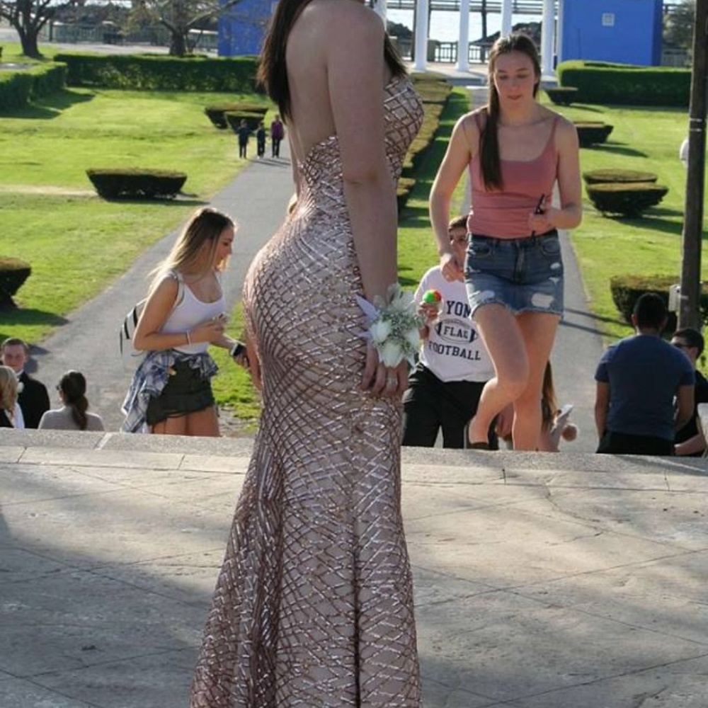 Formal Gown Amazing-Floor length Nude beaded Gown plunging low back